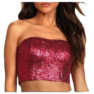 Lulus Red Sequined Crop Tube Top XL Party Club Holiday